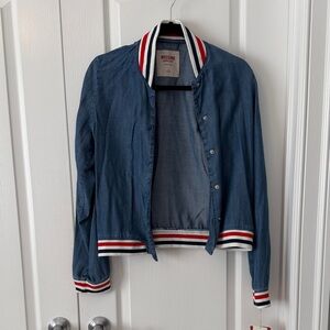 Mossimo Supply Co. Blue Varsity Jacket with Red and White Accents